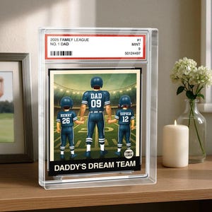 Placa de acrílico personalizada com bloco de futebol nº 1, pai, homem e filhos sentados, estilo cartão colecionável | Jogador de futebol | Amante de futebol para pai e avô