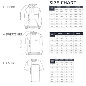 May include: A size chart for hoodies, sweatshirts, and t-shirts, with measurements in inches and centimeters. The chart includes length, width, bust, chest width, and sleeve measurements for various sizes, from S to 5XL.