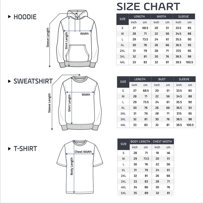 May include: A size chart for hoodies, sweatshirts, and t-shirts, with measurements in inches and centimeters. The chart includes length, width, bust, chest width, and sleeve measurements for various sizes, from S to 5XL.