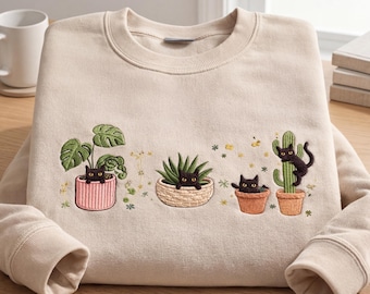 Embroidered Black Cat Plant Sweatshirt, Embroidered Cat Lover Crewneck, Cute Plant Lady Gift, Floral Cat Top
