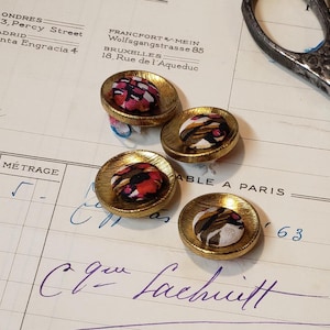 Authentic French Handmade Buttons - Fabric Buttons with Gold Plastic - Imported from Paris Market - Set of 4 - Vintage Mid-Century