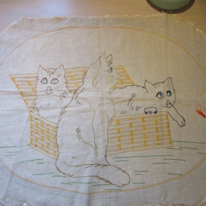 Rare Antique hand-embroidered French piece/Basket of Kitties / Hand stitched on beautiful authentic French linen