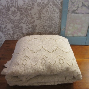 Antique Vintage French Lightweight Summer or Spring Bone White Eyelet Bedding Coverlet. Gorgeous Detail. Imported from Market in Albi France