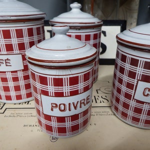 French Enamel Canister Set of 4, Red Check Pattern, Enamelware, Vintage Kitchen Storage, Chippy French Country Farmhouse Decor