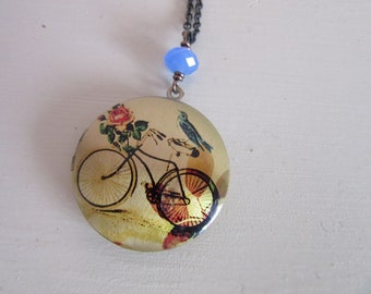 Beautiful French Imported Locket Necklace/French Locket with Blue Bead/Bicycle Necklace/Summer Necklace/Found at Paris Market