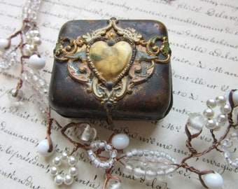 Antique French Alloy (brass?) Metal Trinket Pill Box Angel and Filigree /Paris Market Find/Paris Original/ Collectible/Souvenir