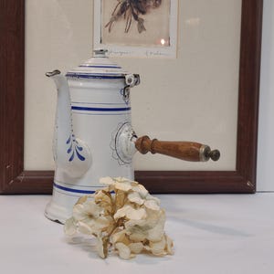 Puede incluir: Una cafetera antigua de esmalte blanco y azul con un asa de madera. La cafetera presenta rayas azules y detalles florales. Una impresión botánica enmarcada y flores secas en el fondo.