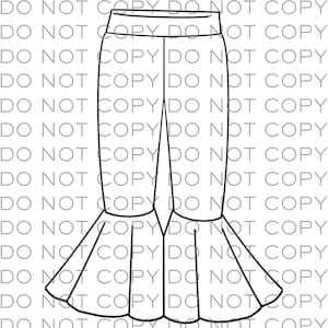 May include: Line drawing of a pair of pants with a flared leg design. The pants have a high waist and a fitted silhouette through the thighs, flaring out dramatically from the knees. The image is a simple black and white outline.