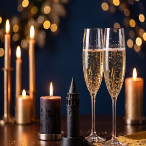 Black finish Galata Tower miniature beside champagne glasses and lit candles with gold lights on a navy background for New Year's Eve