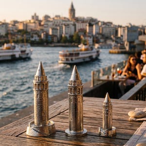 Three Galata Tower miniatures on a wooden terrace table with the Bosphorus and the Istanbul skyline behind them