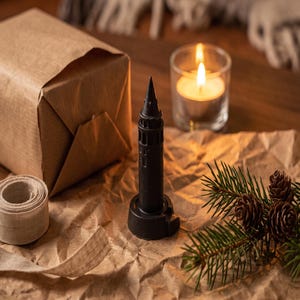Black finish Galata Tower miniature on crumpled kraft paper beside a wrapped gift, linen ribbon, a candle and a pine sprig