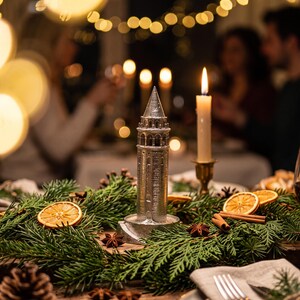 Polished Galata Tower miniature as a holiday dinner table centerpiece among pine branches, dried orange slices, cinnamon sticks and candles
