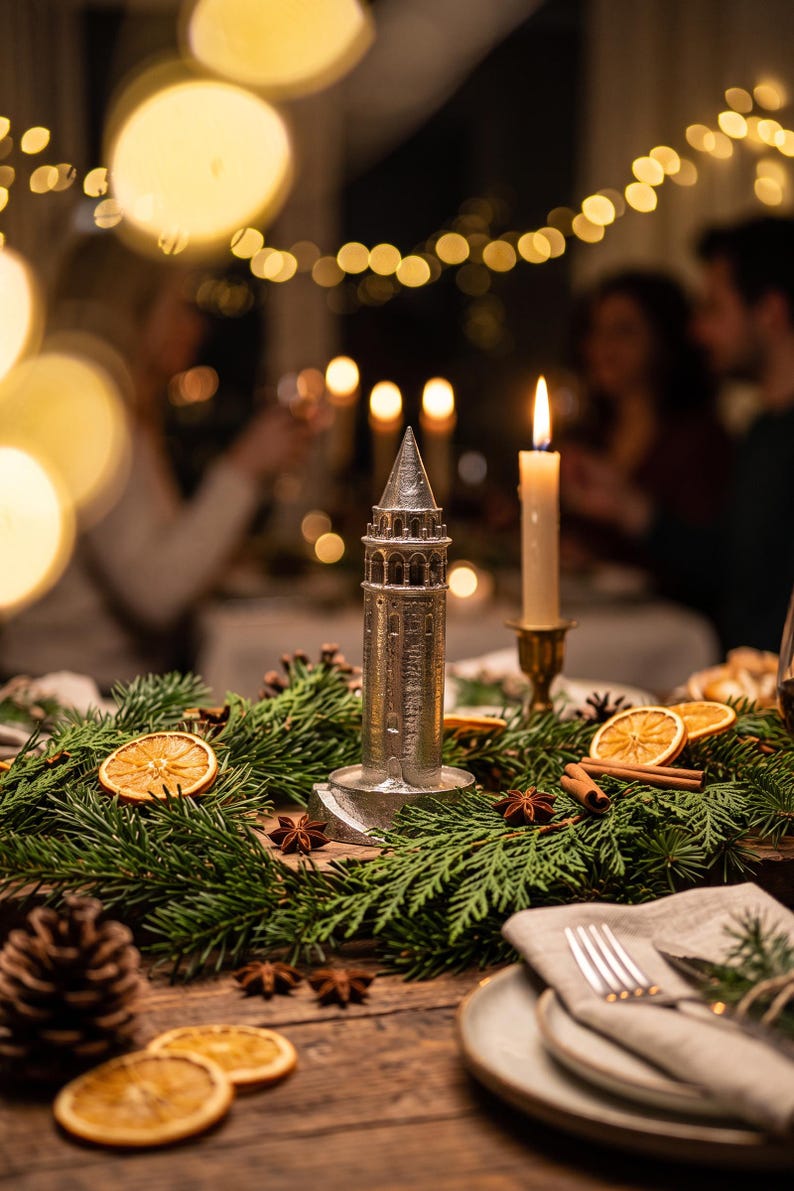 Polished Galata Tower miniature as a holiday dinner table centerpiece among pine branches, dried orange slices, cinnamon sticks and candles