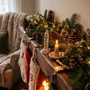 Polished Galata Tower miniature on a wooden fireplace mantel beside a candle, pine branches, pine cones and hanging stockings