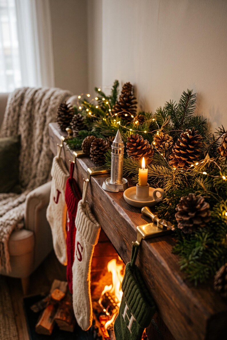 Polished Galata Tower miniature on a wooden fireplace mantel beside a candle, pine branches, pine cones and hanging stockings