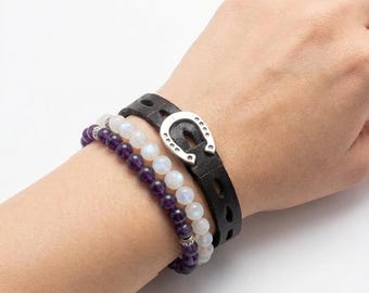 Sterling Silver Horseshoe Bracelet | Black Leather Equestrian Jewelry