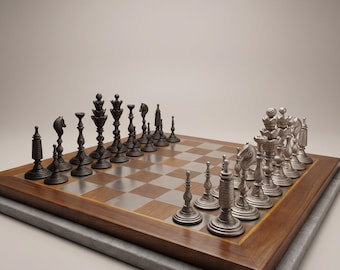Handmade Chess Set, Gothic Metal Chess Pieces with Marble Board, Luxury Collectible Decor