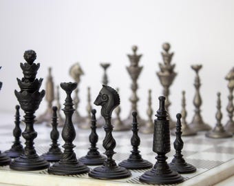 Gothic Metal Chess Set with Marble Board: Handmade Art Decor