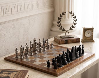 Handmade Chess Set, Olympos Greek God Figures, Luxury Stainless Steel Pieces, Marble Board