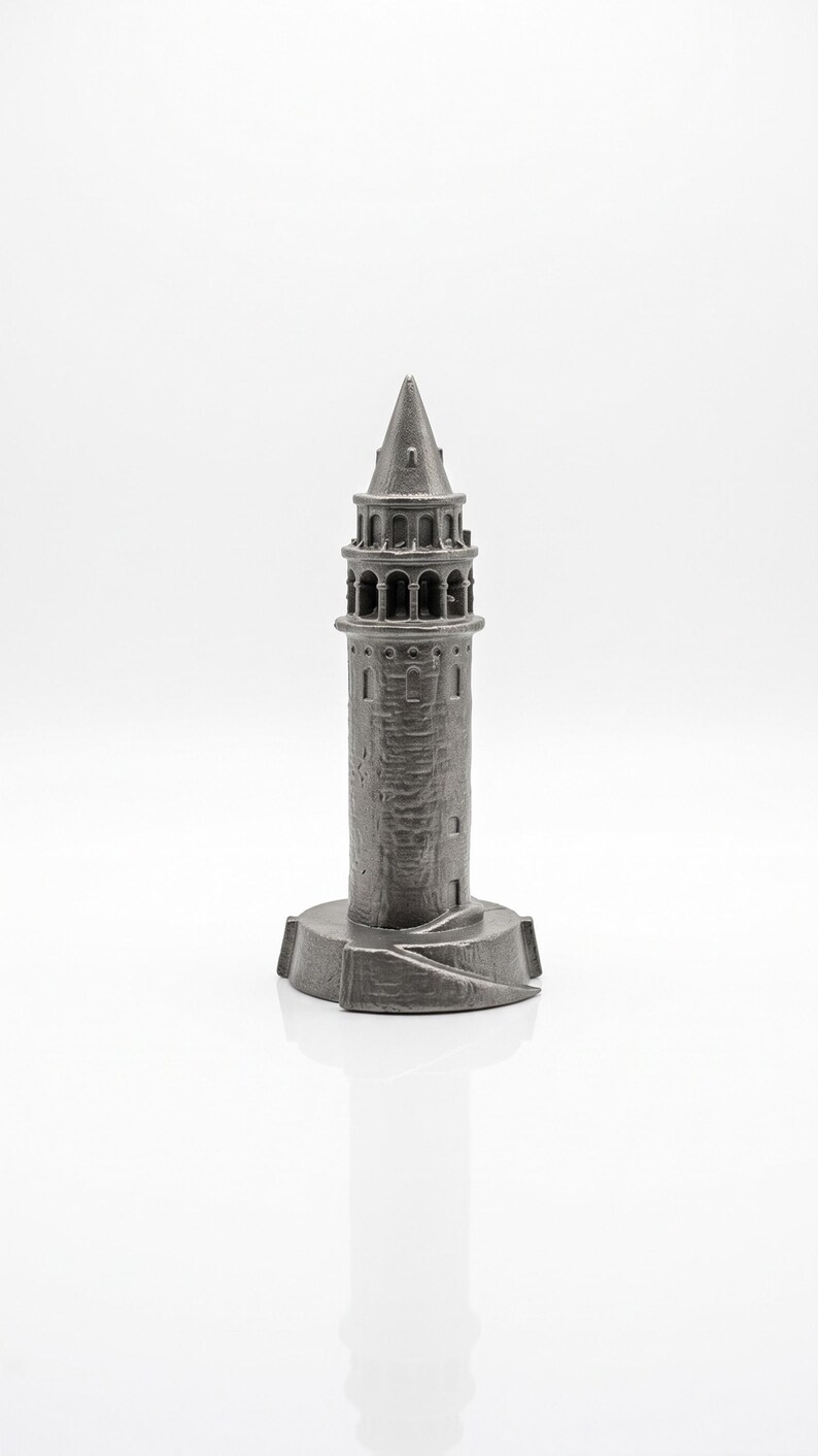 Raw finish Galata Tower miniature in unpolished cast stainless steel, front view with arched windows and stone texture on a white background