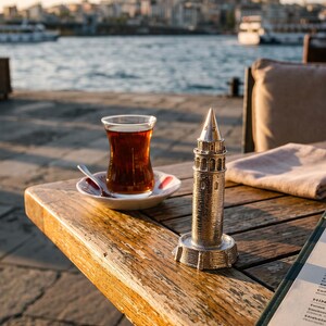 Galata Tower miniature on a wooden table next to a glass of Turkish tea with the Istanbul waterfront behind