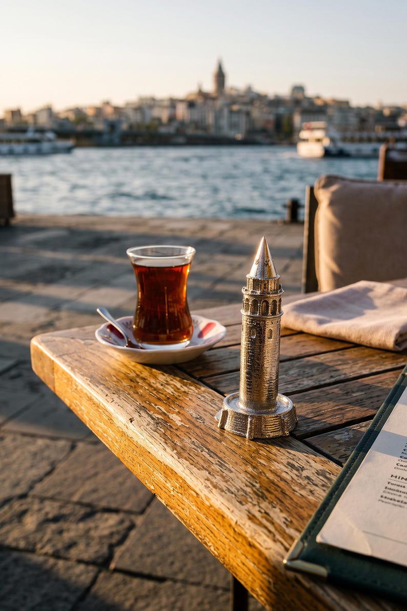 Galata Tower miniature on a wooden table next to a glass of Turkish tea with the Istanbul waterfront behind