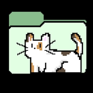 May include: Pixelated image of a calico cat inside a light green folder. The cat is white with brown and orange patches, black whiskers, and a pink ear. The folder has a dark green tab.