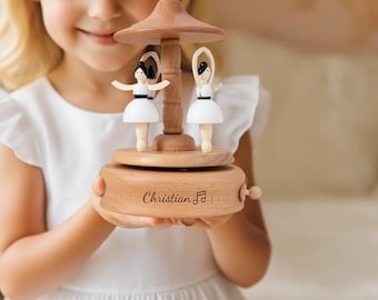 Boîte à musique en bois avec ballerine, boîte à musique gravée, carrousel souvenir, cadeau d'anniversaire pour bébé/enfant, train musical, jouets pour chambre d'enfant.