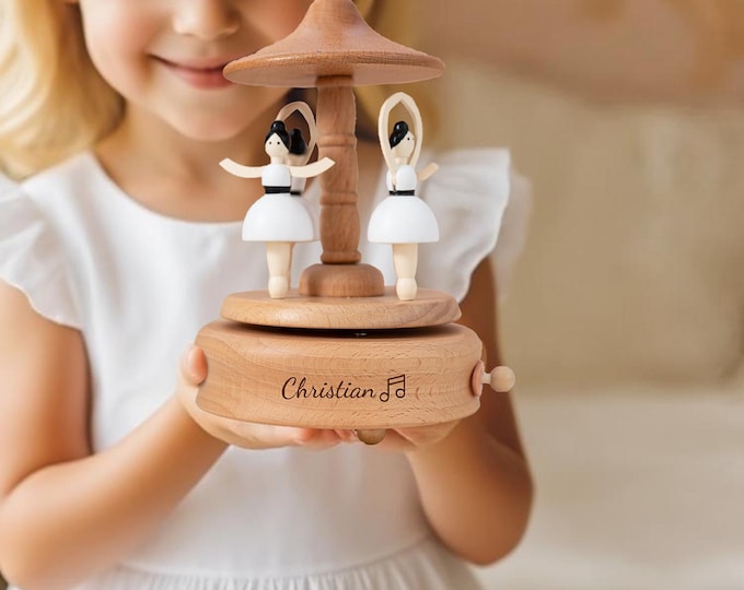 Wooden Ballerina Music Box, Engraved Keepsake Carousel Music Box, Baby/Kids 1st Birthday Gift, Musical Train, Nursery Toys for Girls Boys