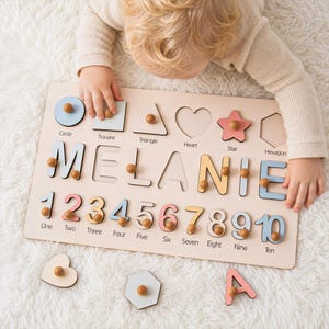 Puzzle avec noms et formes/chiffres, cadeau d'anniversaire pour enfants, cadeaux pour un premier anniversaire, puzzle en bois, jouets en bois, cadeau de Noël pour enfants