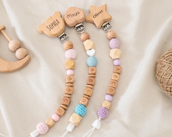 Clip para chupete de oso, soporte para chupete de corazón hecho a mano, cadena para chupete de estrella kawaii con nombre, letra de madera, soporte para chupete, regalo para recién nacido