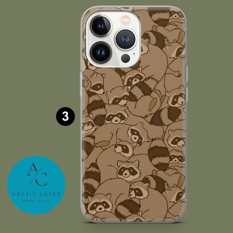 May include: A clear phone case with a pattern of brown raccoons. The case is designed for an iPhone with a camera bump.