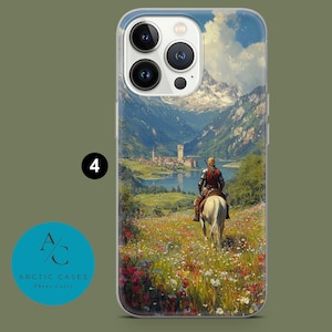 May include: A phone case featuring a landscape painting of a person on horseback riding through a field of wildflowers towards a castle by a lake and mountains. The case has a clear border and the Arctic Cases logo.