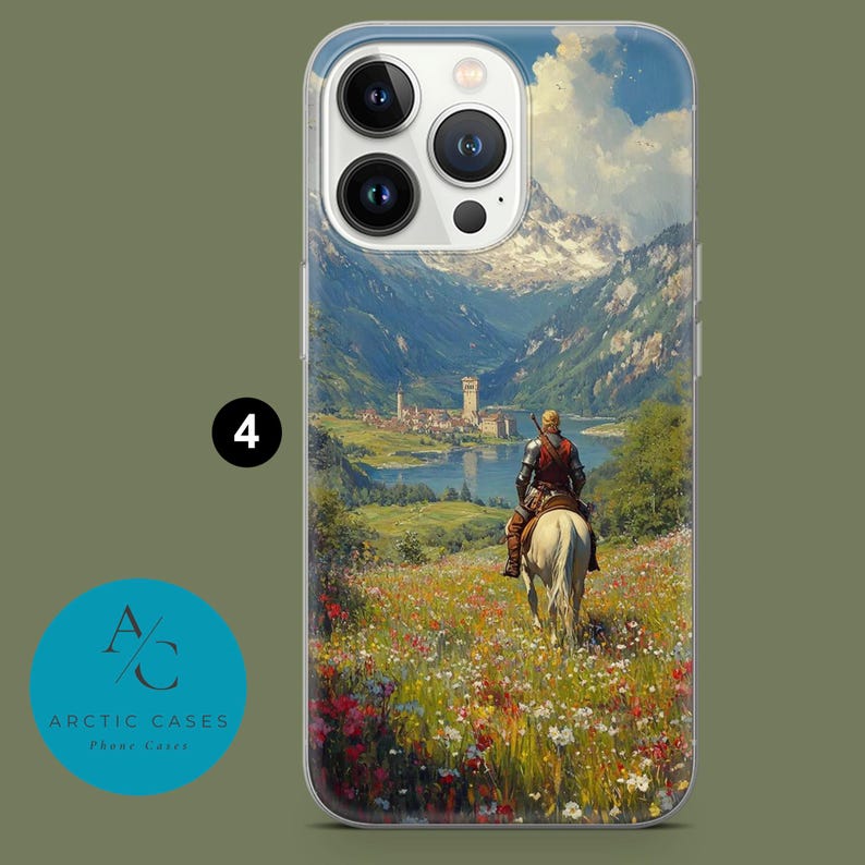 May include: A phone case featuring a landscape painting of a person on horseback riding through a field of wildflowers towards a castle by a lake and mountains. The case has a clear border and the Arctic Cases logo.