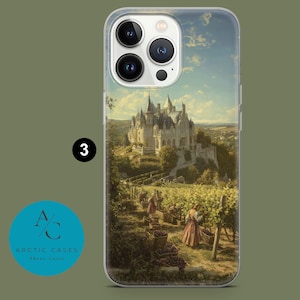 May include: Clear phone case featuring a scenic painting of a castle and vineyard. The artwork depicts people harvesting grapes. The case has a clear border and a logo in the bottom left corner.