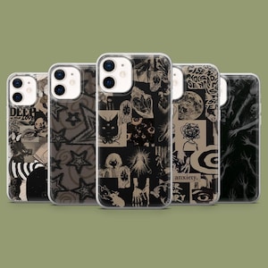 Pode incluir: Uma coleção de cinco capas de telefone com designs de arte sombria únicos. As capas apresentam ilustrações em preto e branco, incluindo texto, estrelas e imagens surreais. As capas estão dispostas em uma fileira contra um fundo verde.