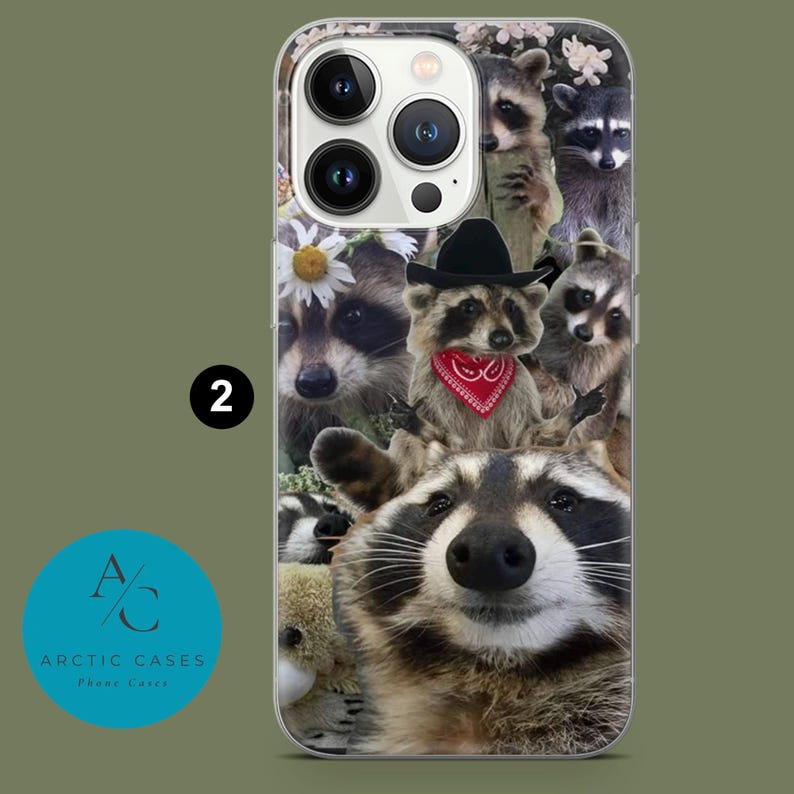 May include: A clear phone case with a collage of raccoons. The raccoons are in various poses, including wearing a cowboy hat and a bandana. The case has a clear back and a white camera bump.
