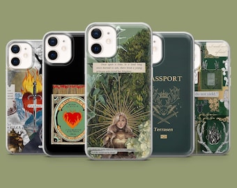 May include: A collection of five iPhone cases with various designs. The cases feature images of a heart, a sword, a matchbox, a woman with a sunburst, and a passport. The color palette includes green, red, and gold.