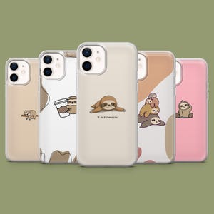 May include: Set of five phone cases featuring different sloth designs. The cases are clear with a white background and brown accents. One case features a sloth holding a cup of coffee with the text "I'll do it tomorrow". Another case features a sloth with the text "I'll do it tomorrow". Another case features a stack of sloths. Another case features a sloth with a phone. The last case features a sloth with a cup of coffee.