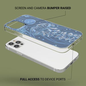 May include: A clear phone case with a raised bumper and a blue and white jellyfish design. The text "SCREEN AND CAMERA BUMPER RAISED" is at the top of the image. The text "FULL ACCESS TO DEVICE PORTS" is at the bottom of the image.