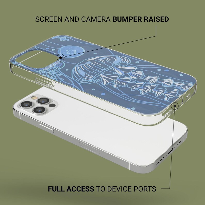 May include: A clear phone case with a raised bumper and a blue and white jellyfish design. The text "SCREEN AND CAMERA BUMPER RAISED" is at the top of the image. The text "FULL ACCESS TO DEVICE PORTS" is at the bottom of the image.