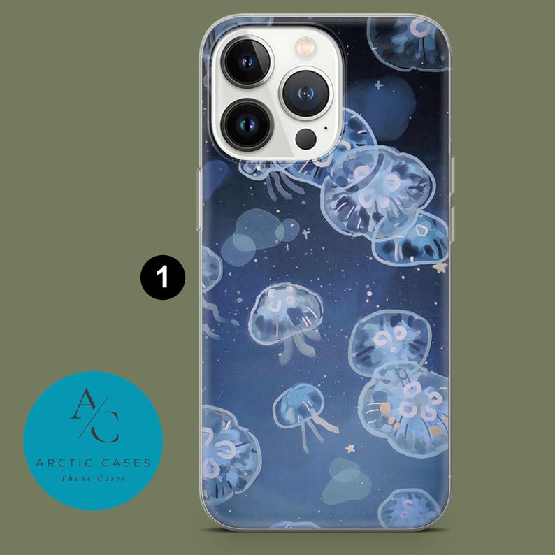 May include: A clear phone case with a blue and white design featuring jellyfish. The case has a raised camera bump and a clear back.