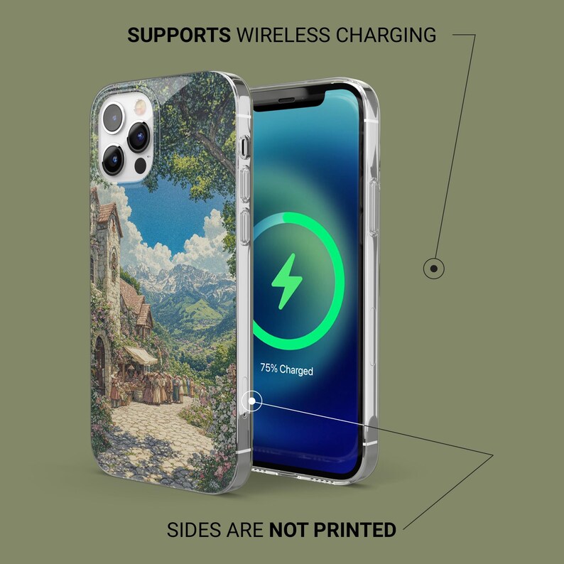 May include: Clear phone case with a scenic landscape design. The case features a detailed illustration of a European village with a mountain backdrop and blue sky. The phone screen displays a charging symbol. Text on the case reads: "SUPPORTS WIRELESS CHARGING" and "SIDES ARE NOT PRINTED."