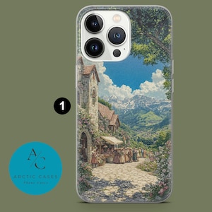 May include: A phone case featuring a scenic landscape with a village, mountains, and a blue sky. The case has a clear border and the Arctic Cases logo in the bottom left corner. The image is a painting-like illustration.