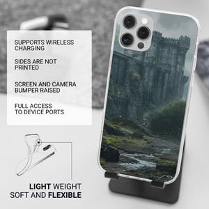May include: Clear phone case featuring a detailed image of a stone castle on a misty day. The case is displayed on a black stand, with text on a white background that reads: "SUPPORTS WIRELESS CHARGING", "SIDES ARE NOT PRINTED", "SCREEN AND CAMERA BUMPER RAISED", "FULL ACCESS TO DEVICE PORTS", "LIGHT WEIGHT SOFT AND FLEXIBLE".