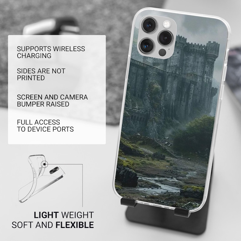 May include: Clear phone case featuring a detailed image of a stone castle on a misty day. The case is displayed on a black stand, with text on a white background that reads: "SUPPORTS WIRELESS CHARGING", "SIDES ARE NOT PRINTED", "SCREEN AND CAMERA BUMPER RAISED", "FULL ACCESS TO DEVICE PORTS", "LIGHT WEIGHT SOFT AND FLEXIBLE".