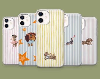 Dachshund Phone Case Cute Animal Stripes Sausage Dog Cover for 17, 17Pro, 16, 15, 14, 13, 12, Samsung S26, S25, S24, S23, S22, Pixel 10A, 9A