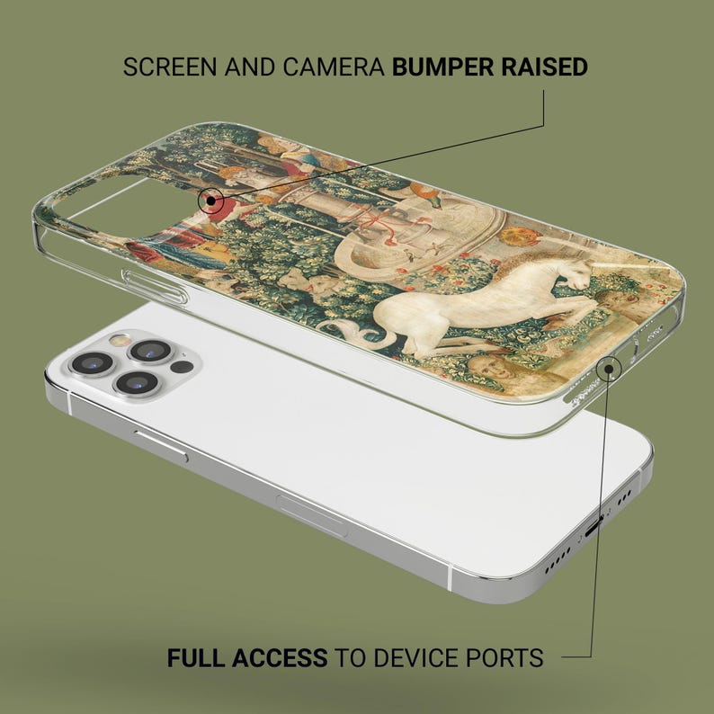 May include: A clear phone case with a detailed tapestry design featuring a white unicorn. The case is layered over a white phone, showcasing the screen and camera bumper. The case provides full access to device ports.