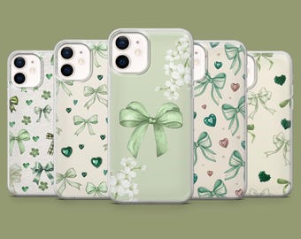 Capa para celular com laços verde-sálvia, estilo feminino e delicado, para iPhone 18 Pro, 17, 16, 15, 14, 13, Samsung S26, S25, S24, A57, Pixel 11, 10, 9A.