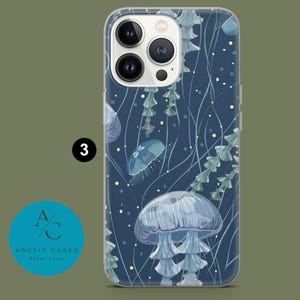 May include: A clear phone case with a blue background and a pattern of jellyfish and seaweed. The case is designed for an iPhone 13 Pro Max.